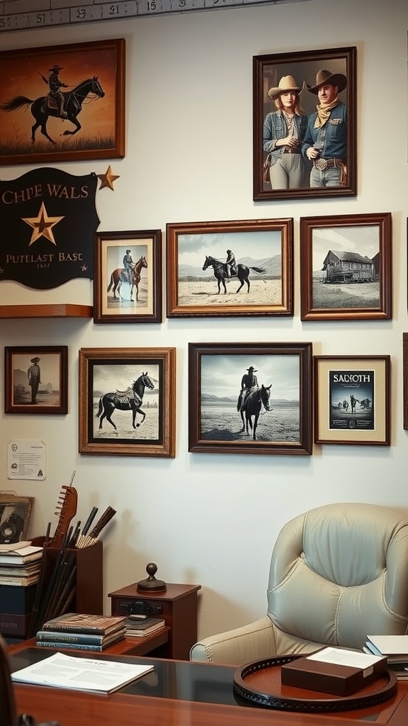 Wall with cowboy-inspired artworks, including portraits of cowboys and horses, in a Western-themed office