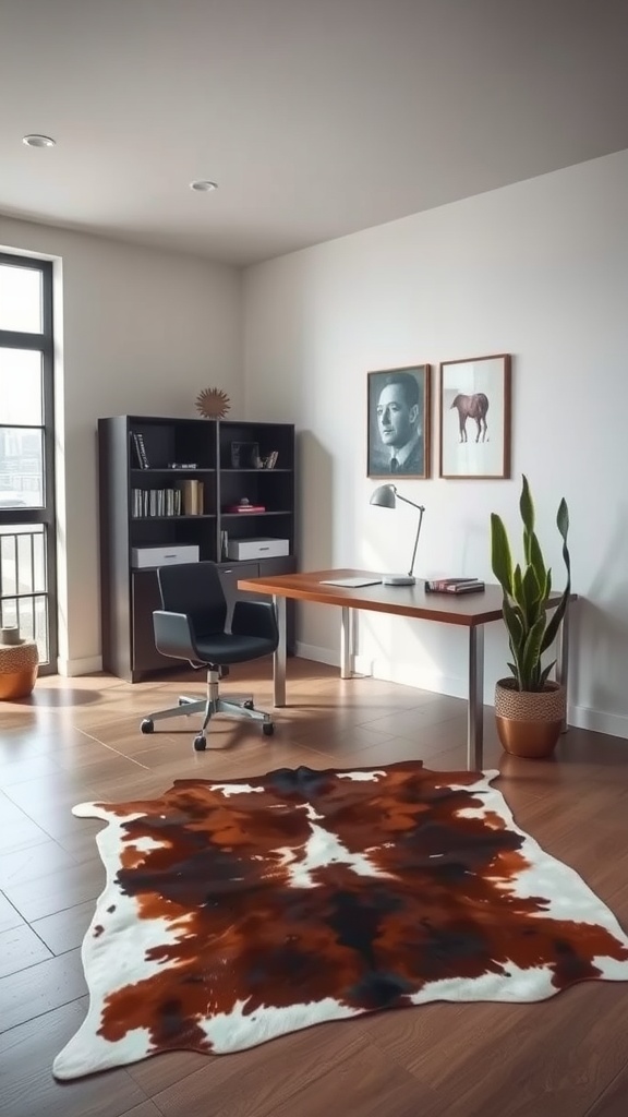 An office space featuring a cowhide rug, a desk, and a chair, with natural light coming through a window.