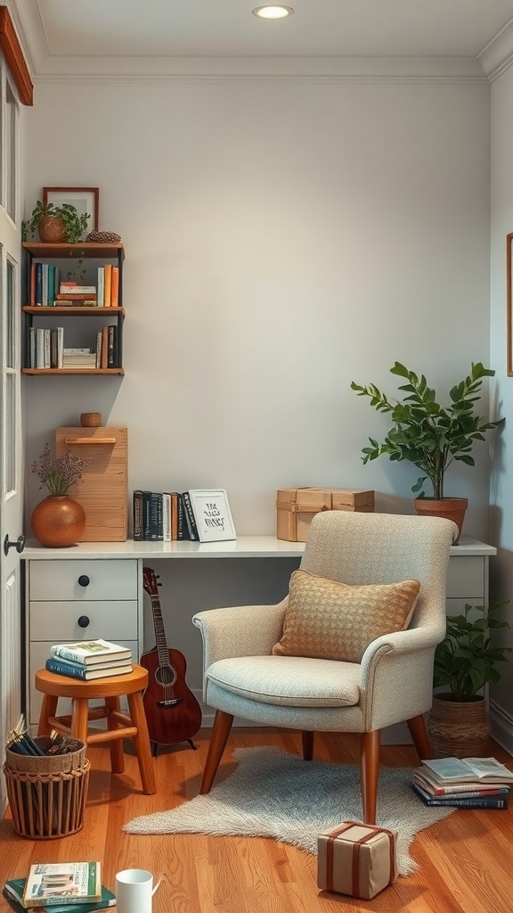 A cozy reading nook setup featuring an armchair, side table, bookshelves, and plants in a rustic office decor style.