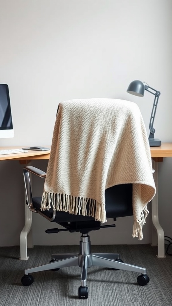 Cozy throw blanket draped over an office chair in a workspace