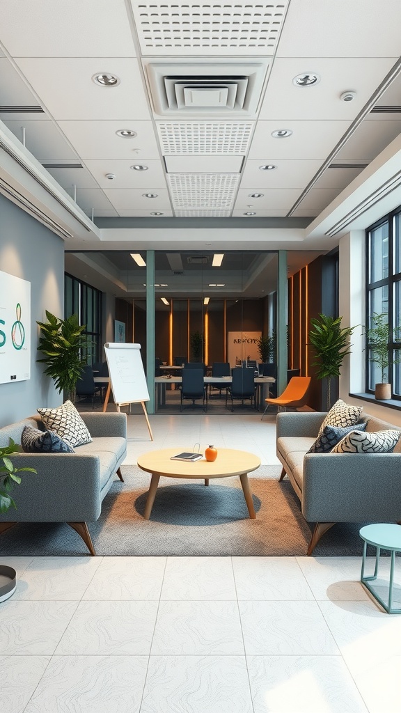 A modern office space featuring cozy sofas, a round coffee table, and a glass-walled meeting room, designed for collaboration and team engagement.