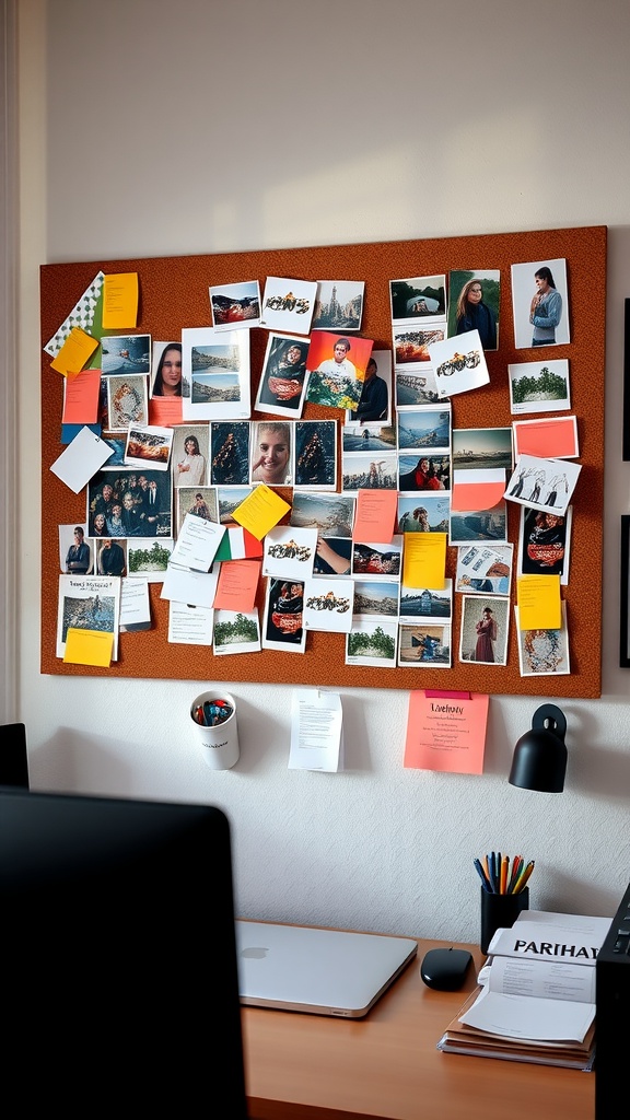 A cork bulletin board filled with colorful notes, photos, and reminders in an office setting.