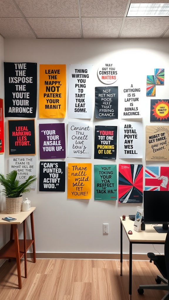 An office wall decorated with colorful and motivational posters, showcasing various inspirational quotes and creative designs.