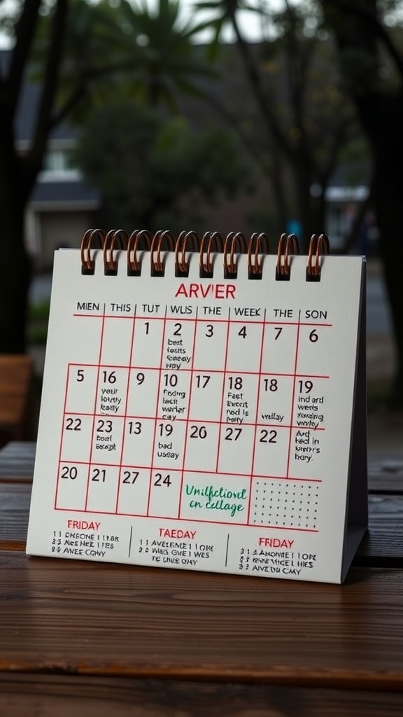 A customizable desk calendar displayed on a wooden surface with a spiral binding, showing days and dates.