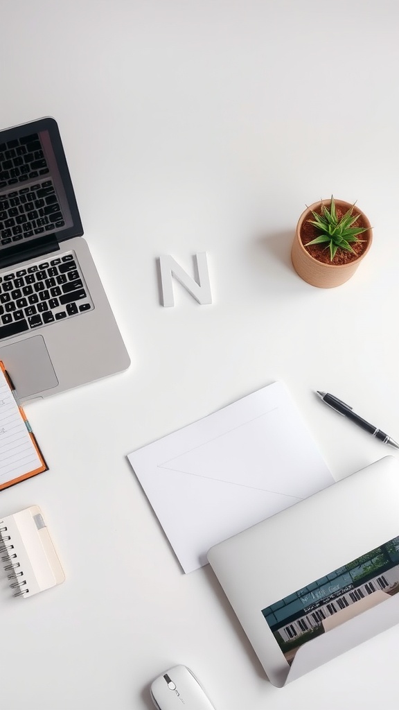 A minimalist office desk featuring a laptop, a small potted plant, a notepad, pen, and a letter 'N' on a clean white surface.