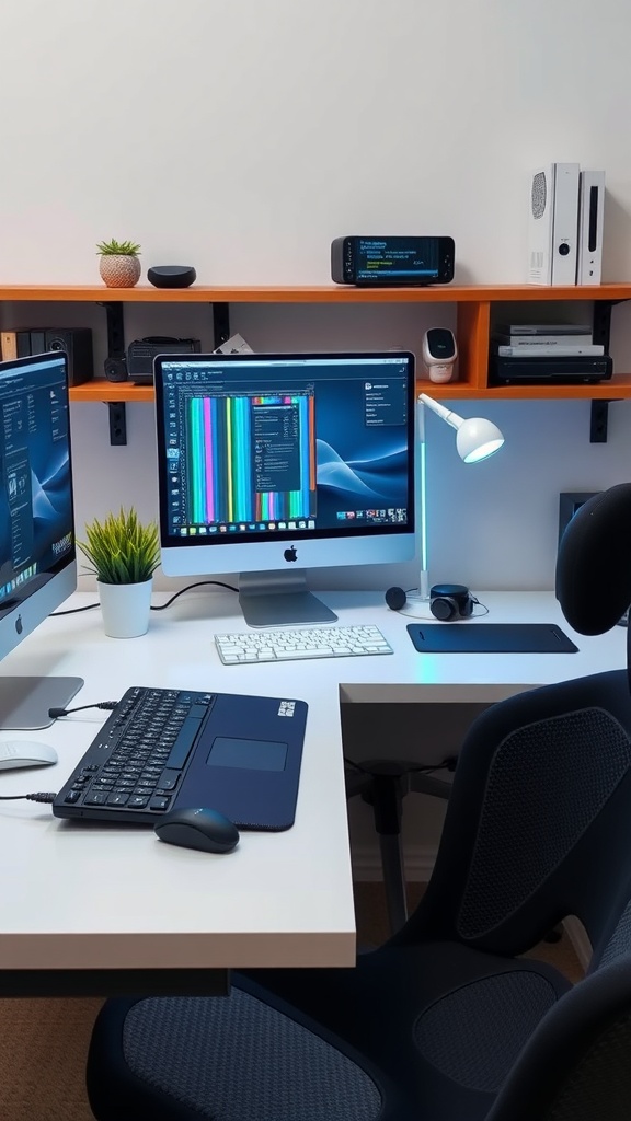 A modern office desk setup with multiple monitors, keyboard, plant, lamp, and smart speaker.