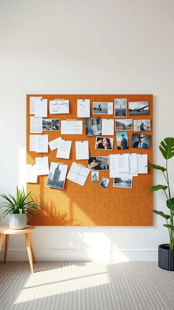 A corkboard display with pinned photos and notes, surrounded by indoor plants