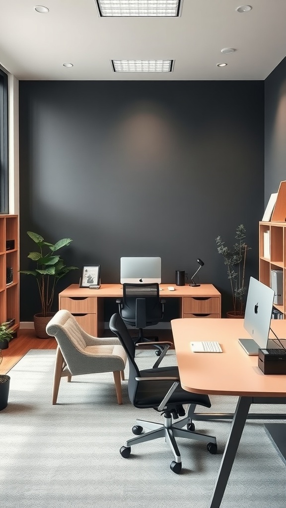 A minimalist office featuring dynamic work zones with two desks, ergonomic chairs, and potted plants against dark walls.