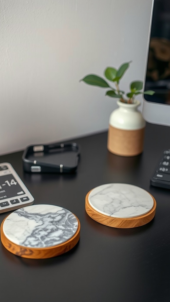 Elegant coasters with marble tops and wooden edges on a modern office desk