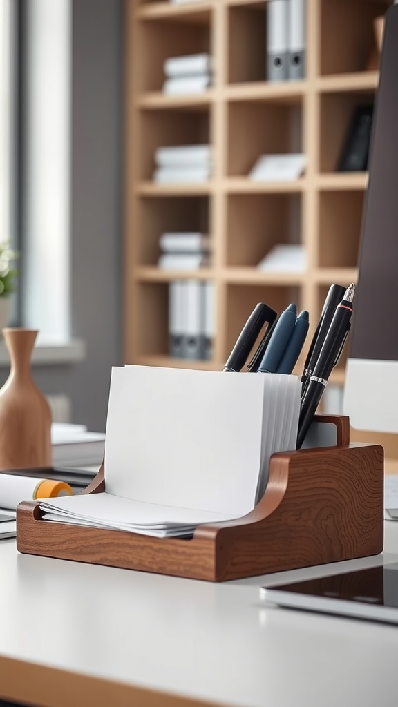 Elegant wooden desk organizer holding pens and papers on a workspace