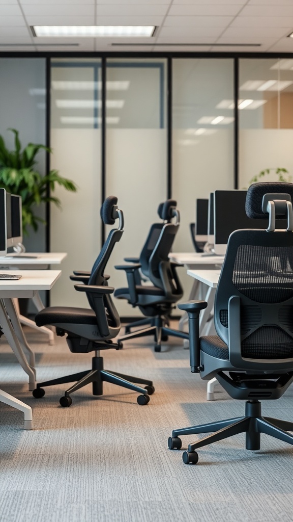 An ergonomic office with adjustable chairs and desks, featuring plants for a fresh atmosphere.