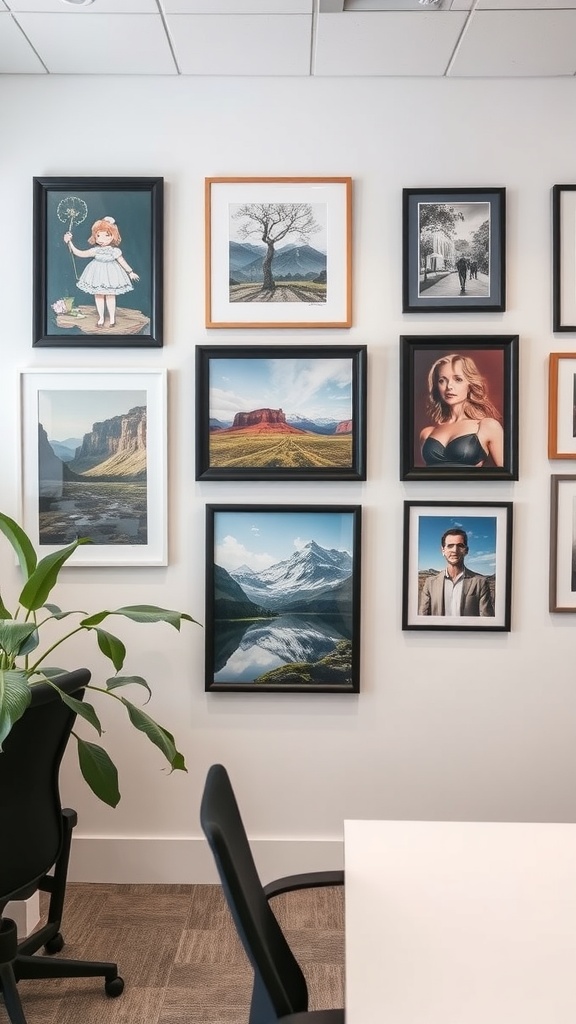 A wall featuring framed artwork from local artists including portraits, landscapes, and illustrations, complemented by a plant and office chairs.