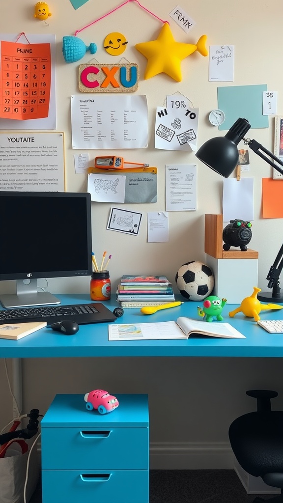 A colorful office desk with playful toys including a pink car, green frog, yellow duck, and a soccer ball.