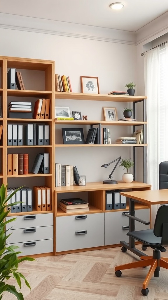 A modern office space showcasing organized shelves with books, files, and decorative items, along with a desk featuring storage drawers.