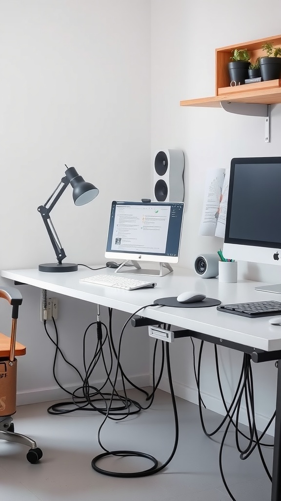 A well-organized office workspace with effective cable management