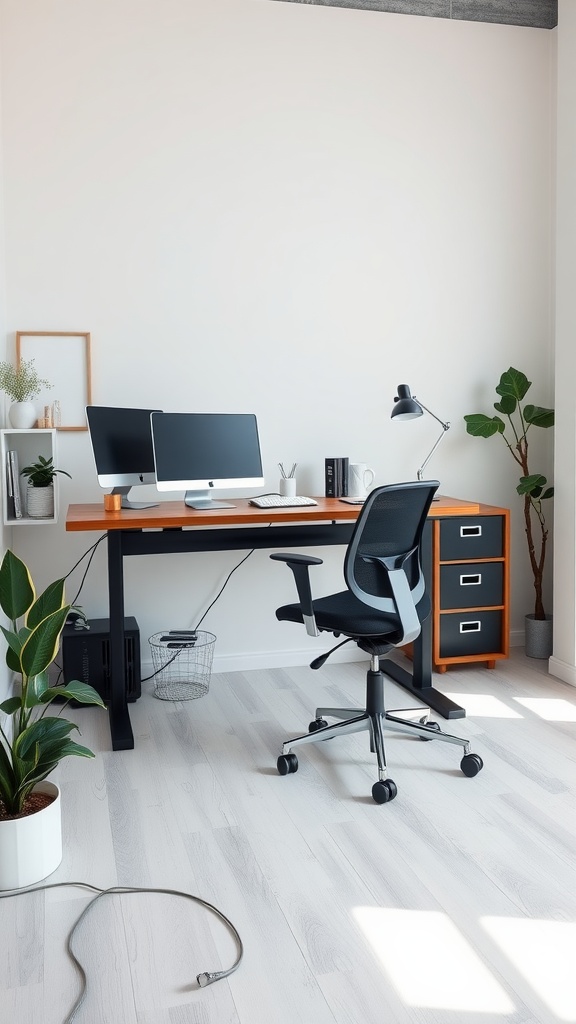 A minimalist office setup featuring a sleek desk, ergonomic chair, dual monitors, storage drawers, and a touch of greenery.