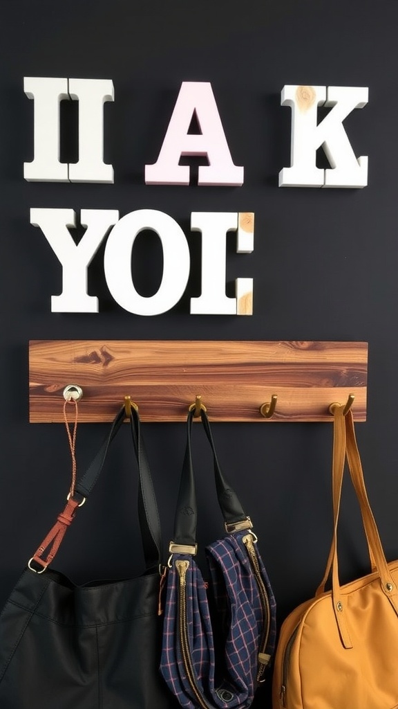 A wooden wall hook displaying several bags, complemented by playful letters on a dark backdrop.