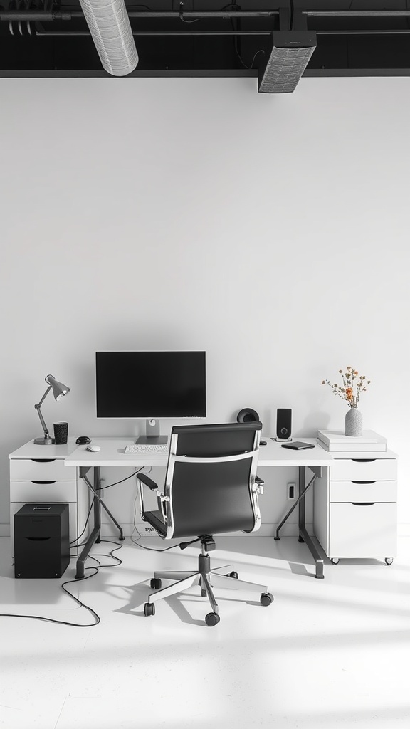 A minimalist office setup with a desk, monitor, and organized tech