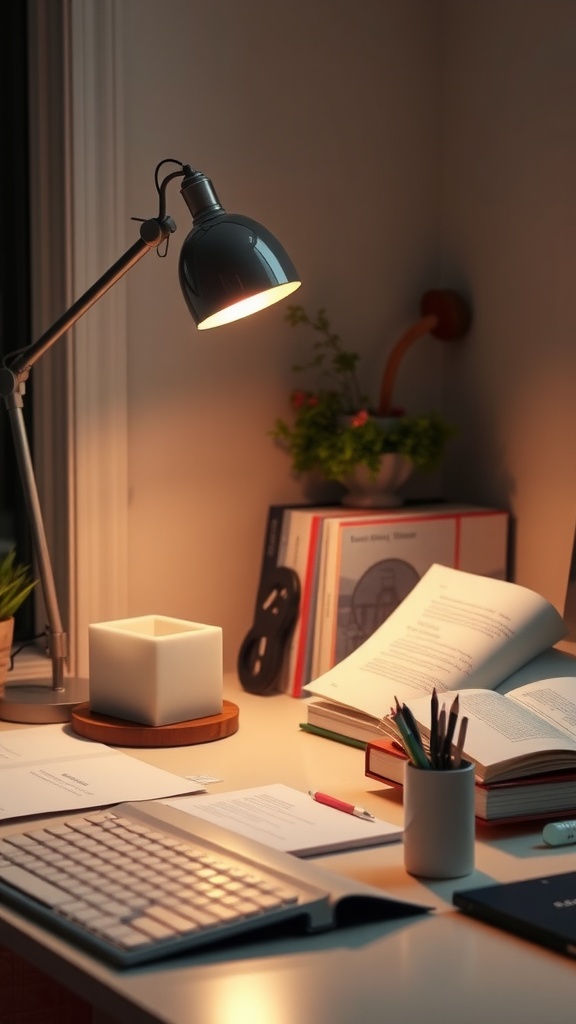 A well-arranged office desk featuring a stylish lamp, books, a plant, and stationery.