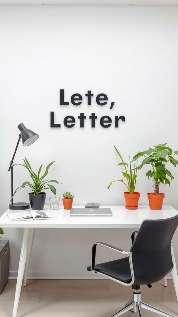 A minimalist office space featuring a clean desk, a laptop, books, and several potted plants in various pots.