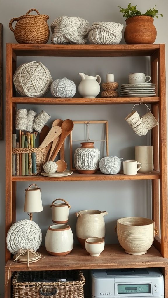 A rustic shelf displaying handmade crafts, including yarn, pottery, wooden utensils, and a small plant.