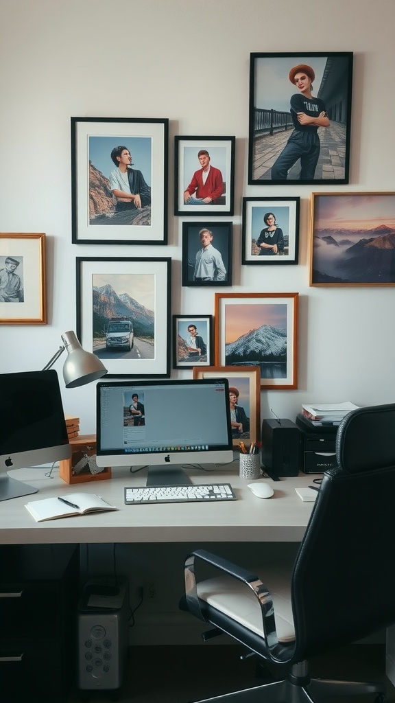 An office desk with a gallery wall featuring framed portraits and landscapes, a computer, and a desk lamp.