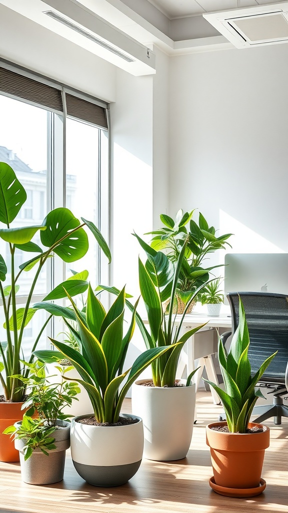 Bright office space with various indoor plants in stylish pots