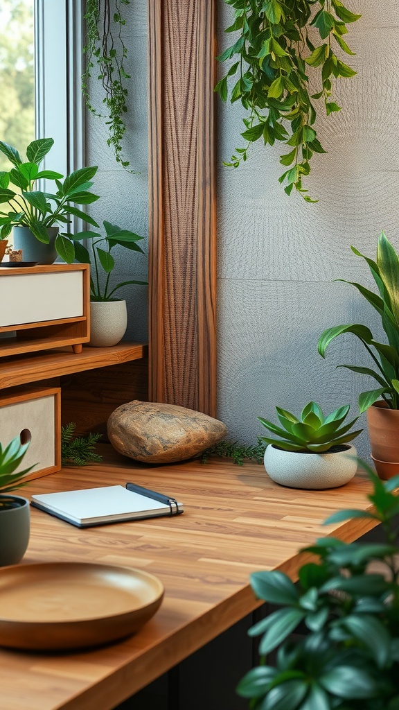 A cozy office desk featuring potted plants, a wooden surface, and natural decorative elements.