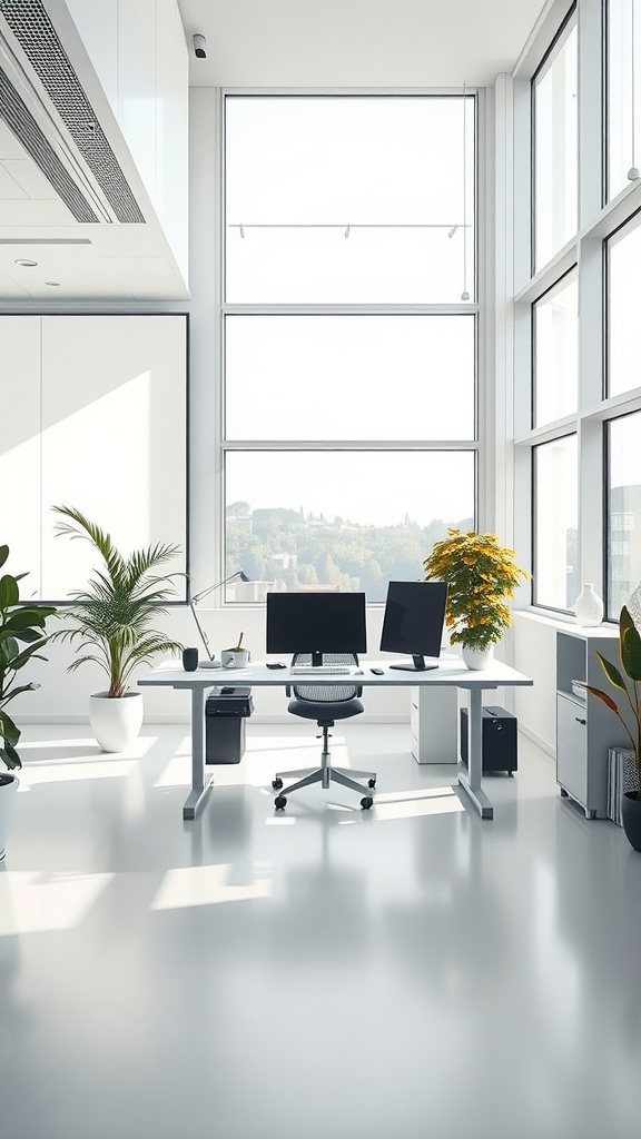 A minimalist office with large windows, plants, and a clean desk setup.