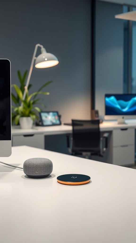 A modern office desk with a smart speaker and a wireless charging pad, featuring a plant in the background.