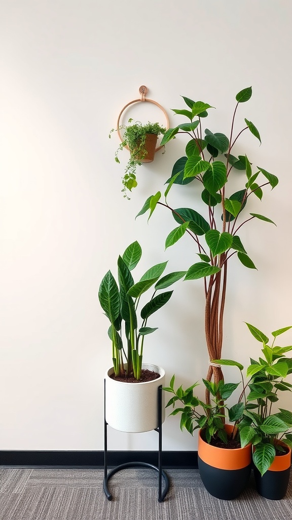 Indoor plant wall arrangement showcasing various potted plants in an office setting