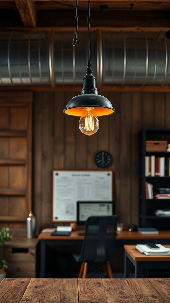 A rustic office featuring industrial-style pendant lighting with warm glow.