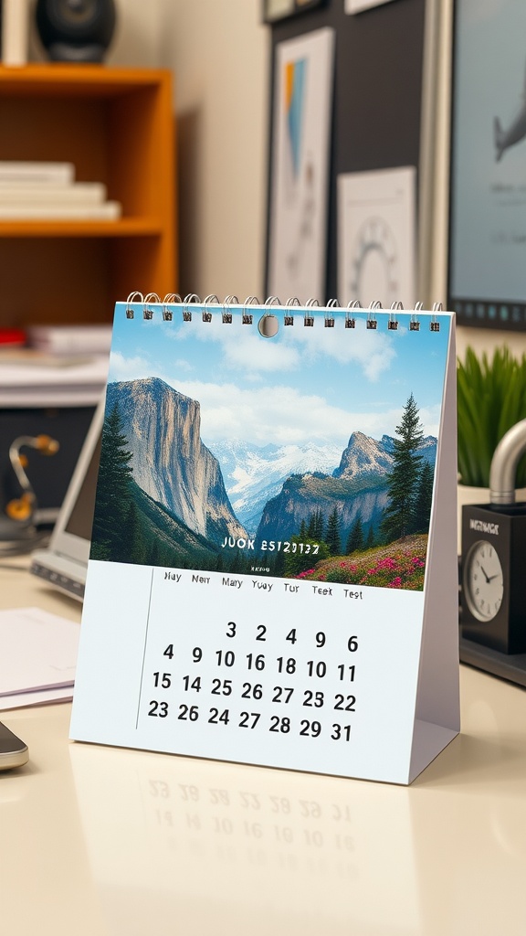 A desk calendar displaying a scenic view of mountains and trees, set on a work desk