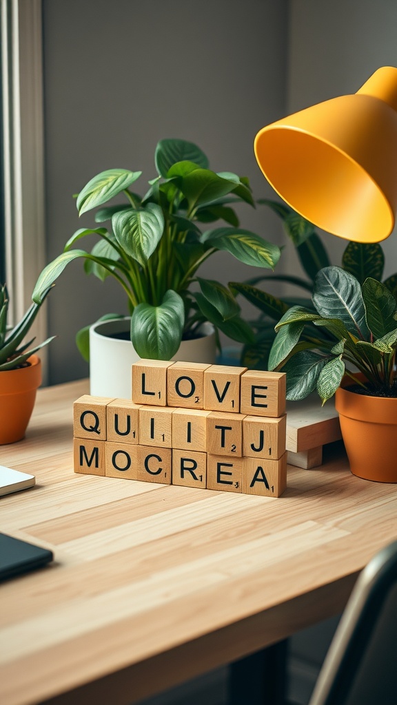 An office desk decorated with wooden quote blocks and indoor plants.