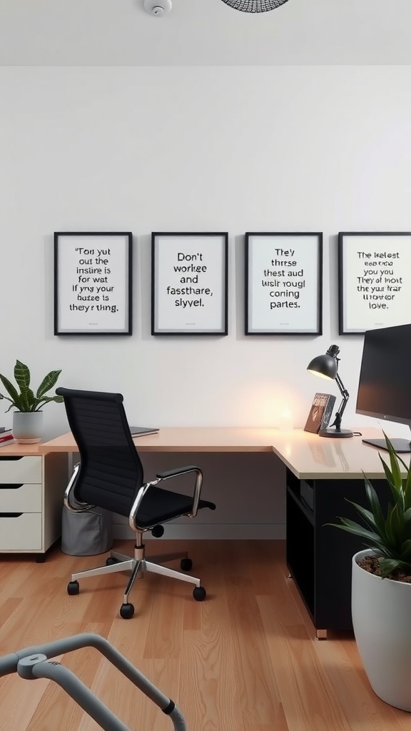 A minimalist office with framed inspirational quotes on the wall.