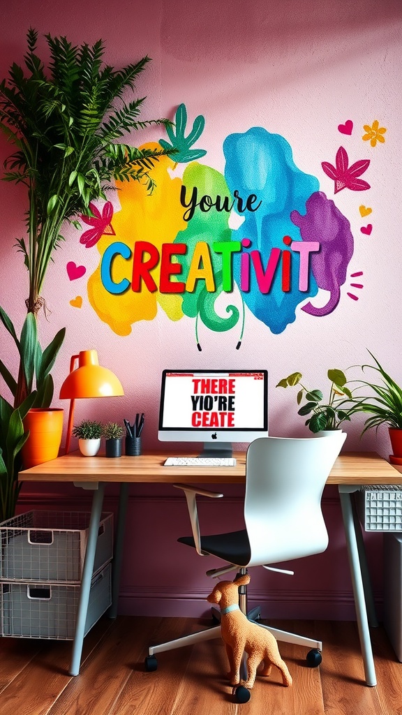 A colorful office space featuring inspiring wall art with the text 'You're CREATIVIT' surrounded by plants and a modern desk setup.