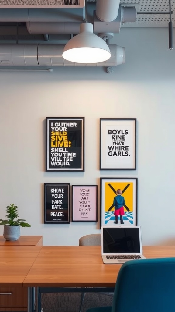 A workspace with a wooden desk, a laptop, and a wall displaying a collection of framed art prints with various messages.