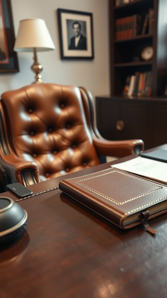 An elegant leather office chair with a lamp and a brown leather journal on a wooden desk.