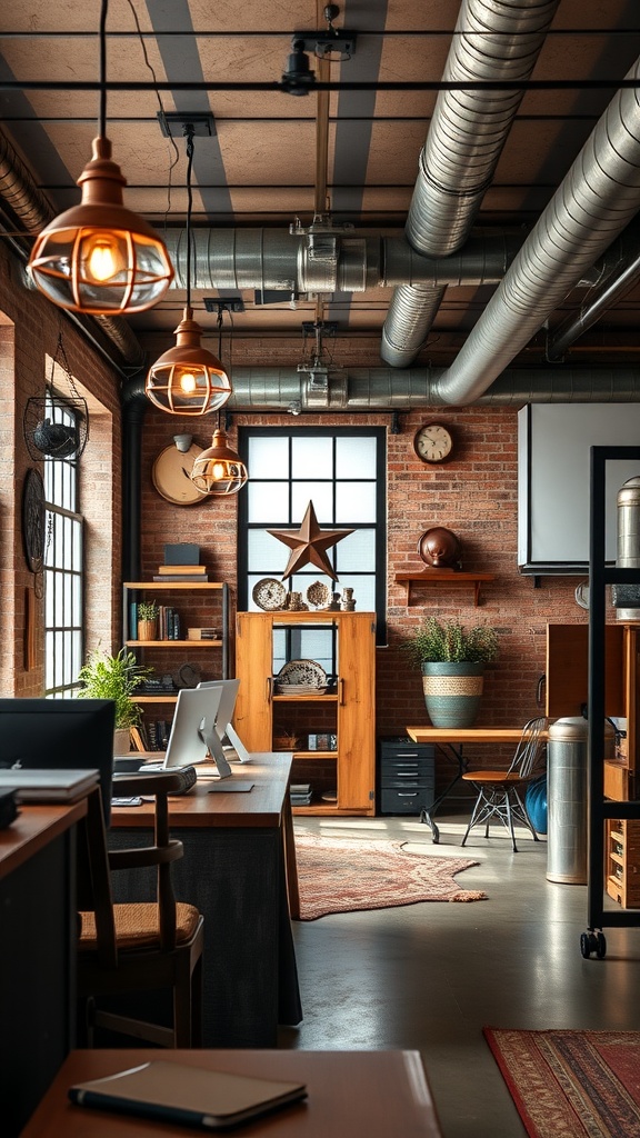 A modern western office space featuring metal pendant lights, exposed ductwork, and wooden furniture.