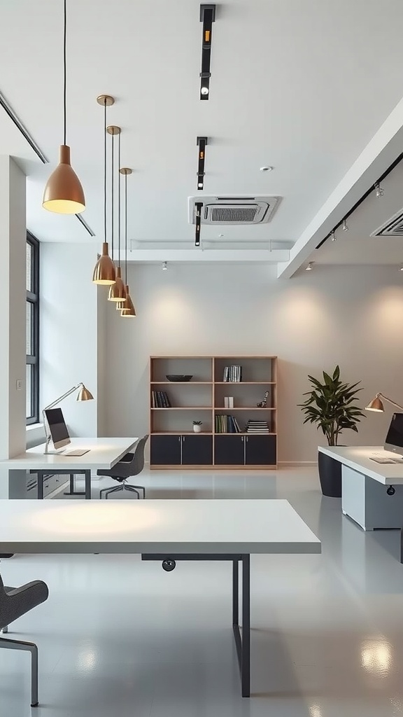 A minimalist office space featuring modern pendant and track lighting