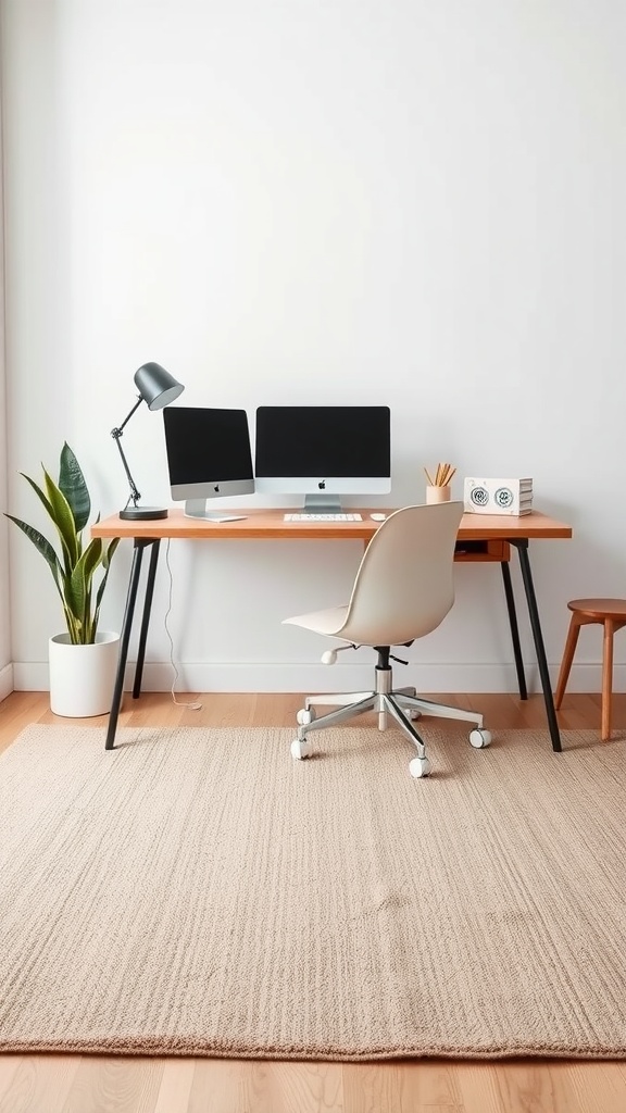 A minimalist office setup featuring a desk, two monitors, a chair, a lamp, and a textured rug on wooden flooring.