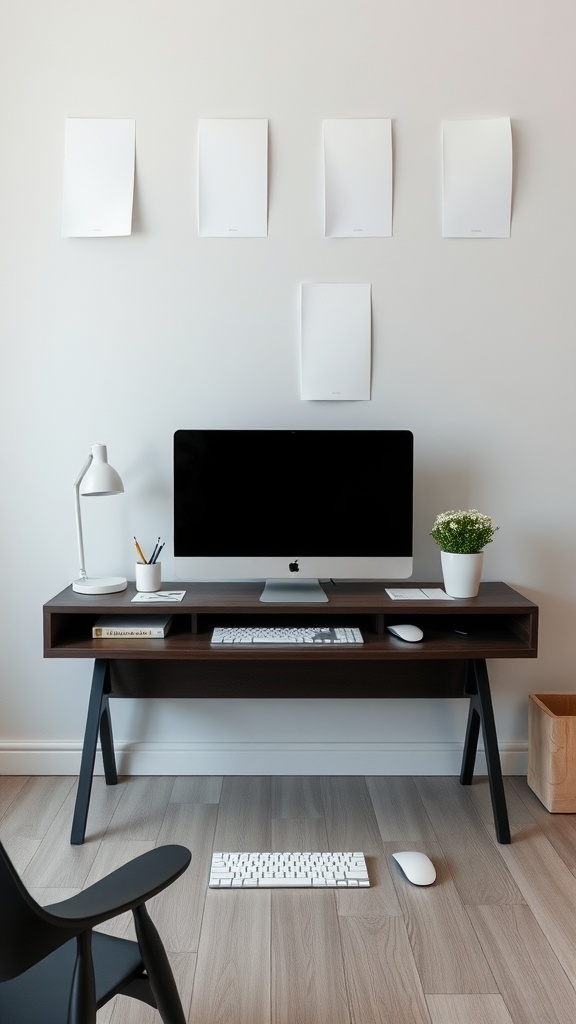 A minimalistic office desk layout featuring a wooden desk, computer, lamp, and a potted plant against a simple wall.