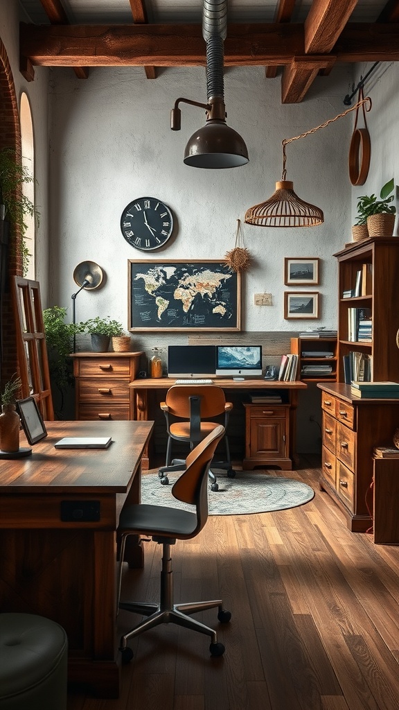 A rustic office featuring wooden furniture and metal accents, with plants and a world map on the wall.