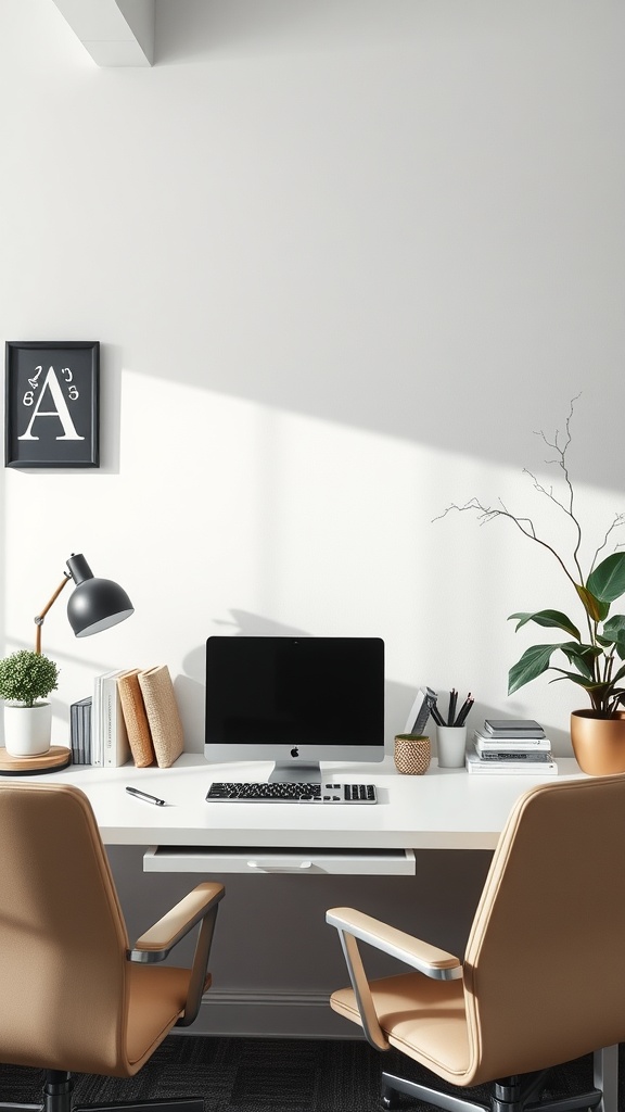 Minimalist office decor featuring a simple desk, monochromatic color scheme, and natural elements.