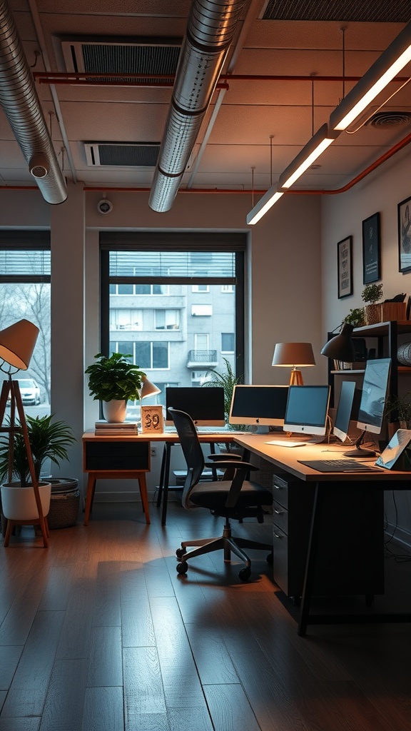 A modern office workspace with mood lighting, plants, and computer desks.