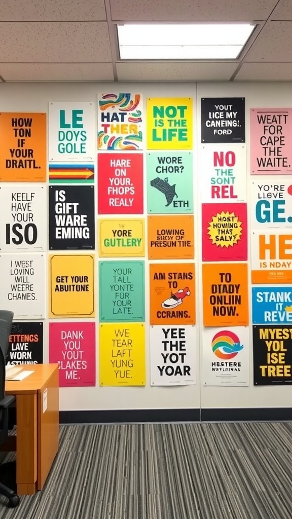 A colorful wall of motivational posters in an office setting.