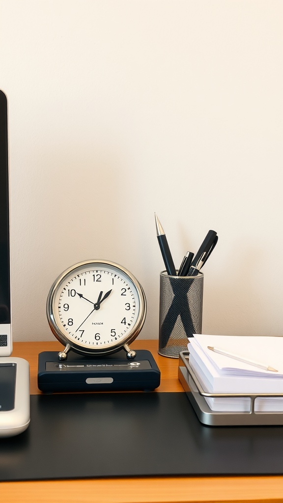 A well-organized work desk featuring a clock, pen holder with pens, and stacked notepads.