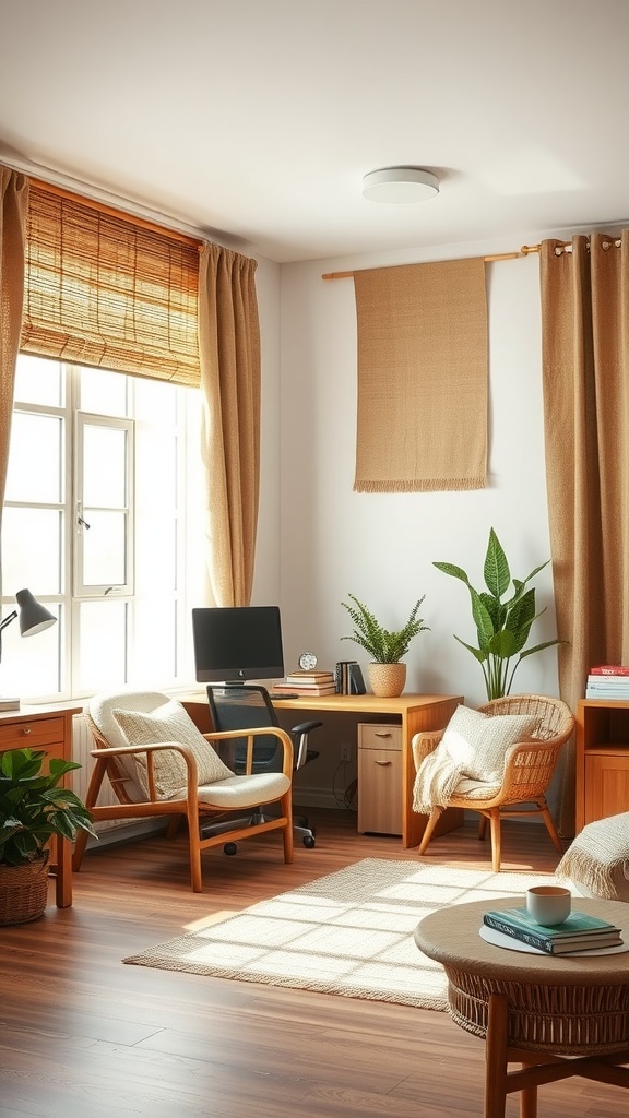 Cozy office space with natural textiles, plants, and warm colors.