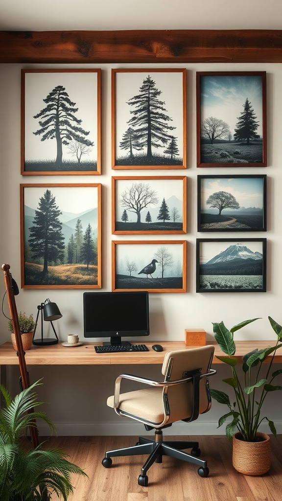 Rustic office space featuring nature-inspired wall art with framed prints of trees and landscapes.