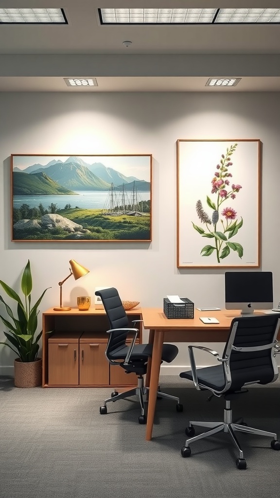 An office with nature-themed prints on the wall, including a landscape and a floral design.